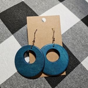 Handmade Wooden Circle Cut Out Dark Turquoise 2.75in Dangle Earrings New